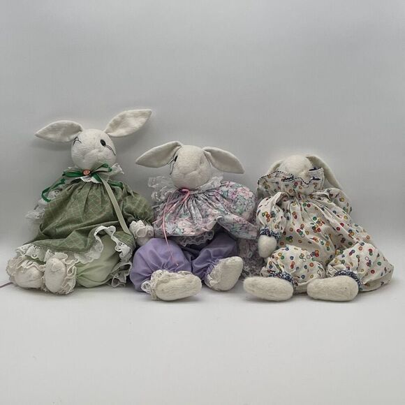3 Handmade Bunny Rabbits Easter Spring Decor Vintage Cottagecore Stuffed Animals - Picture 1 of 17
